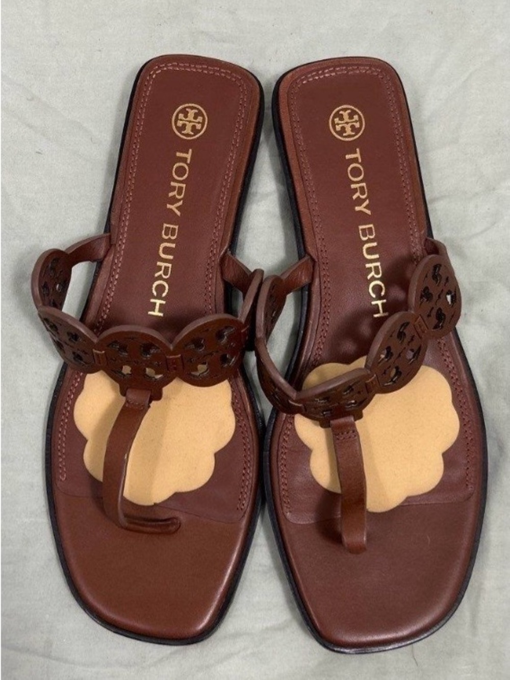 TORY BURCH Tiny Miller Black Medallion Logo Leather Wedge Thong Sandals size 9M